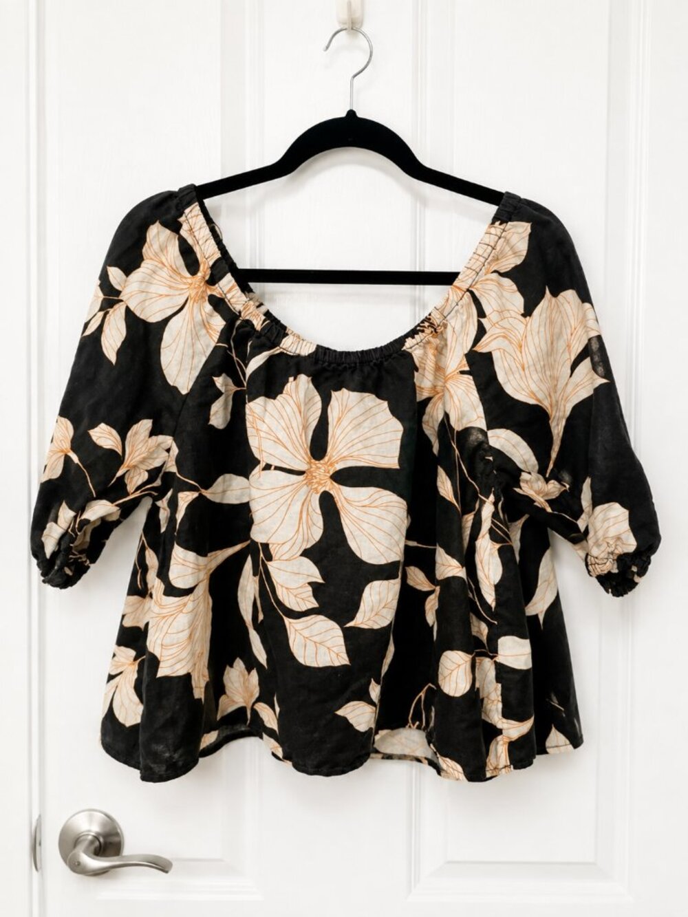 Cynthia Rowley Women’s M 100% Linen Floral Puff Sleeve Blouse Boho Resort